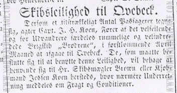 Newspaper announcement for the conveyance of emigrants on the Norwegian emigrant ship Brødrene
