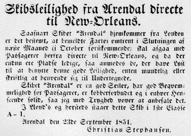 Newspaper announcement for the conveyance of emigrants on the Arendal in 1851