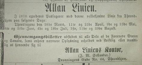 Announcement for the Allan Line new agent: Agent: J. M. Sellander, Trondhjem
