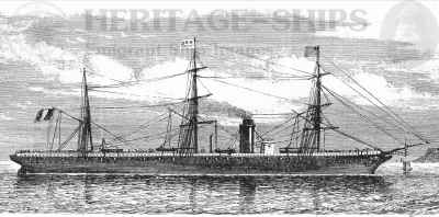 The Péreire as she originally appeared, with one funnel and rigged as a barque, carrying yards on her two fore masts