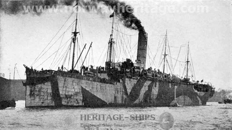 Cunard Line steamship Saxonia (1) as a troopship in WW1 - leaving New York with American Troops