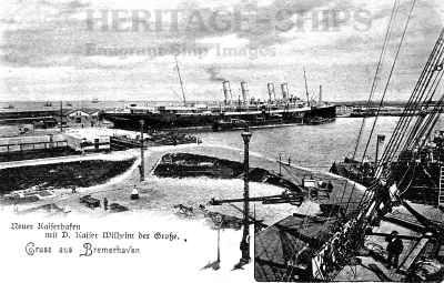Norddeutscher Lloyd steamship built 1897 at Stettin by AG Vulcan. This image shows the ship at the Neuer Kaiserhaven, Bremerhaven ca. 1900.