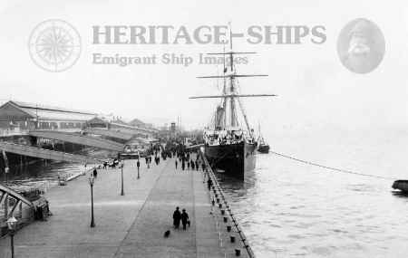 Britannic (1) at the Liverpool's (new 1895) floating landing stage on the Mersey River.