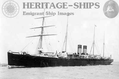 The S/S Britannic (I), with a later modified rig, now featuring square yards for square sails only on her foremast.