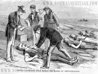 People examining dead bodies from the S/S Atlantic for marks of identification