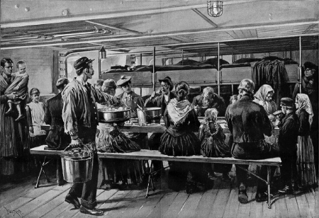 This is a rare photograph of how the 3rd class accommodation on a transatlantic steamer in the 1880-ies was like. This image was taken in the steerage of a French steamer sailing between Havre and New York in the 1880-ies.