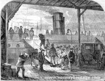 Minnesota – Old engraving showing passenger embarking the Guion Line…