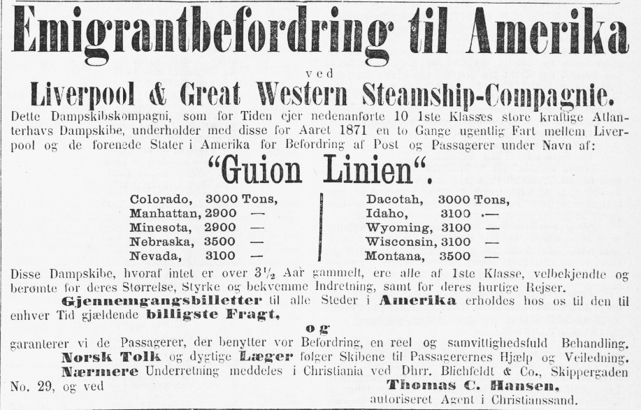 A Norwegian advertisement printed in Kristianssands Stiftsavis og Adresse-Contors Efterretninger, 18th April 1871