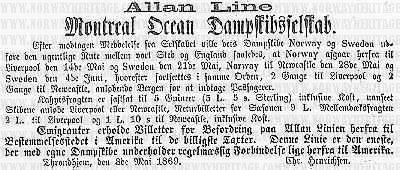 Allan Line announcement 1869, agent Chr. Henriksen, Trondhjem