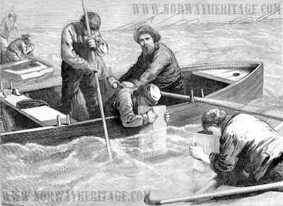 Fishermen looking through wooden funnels for bodies on the bottom around the wreck of the Atlantic