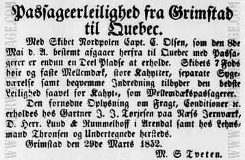 Newspaper announcement from "Den Vestlandske Tidende" March 30th 1852