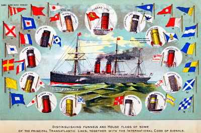 Etruria, Cunard Line - - funnels and house flags