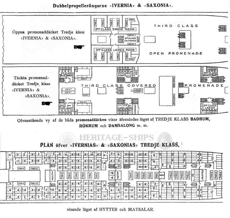 Saxonia and Ivernia – Steerage (3rd class) deck plans, Cunard Line steamers…