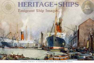 Cunarders loading freight at Liverpool docks