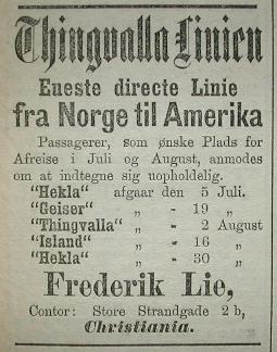Verdens Gang June 1888, Thingvalla Line