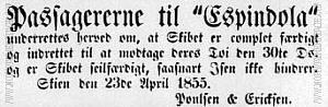 Espindola 1855 – Newspaper announcement from the Correspondenten Apr. 19…