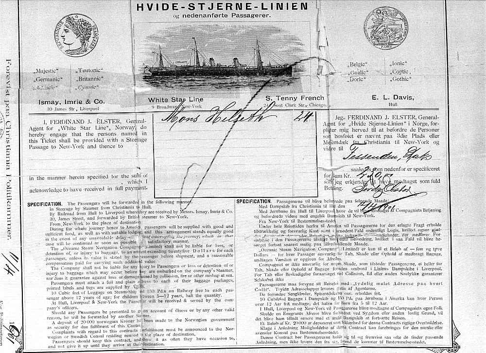 White Star Line passenger contract