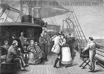 This picture comes from an 1887 brochure issued by the Thingvalla Line. I have also seen the exact same image used to promote a German line. It illustrates how scenes depicting everyday life aboard emigrant ships were commonly presented in printed materials at the time. In some cases, artists used photographs as the basis for their etchings and drawings. The original photograph may no longer exist. 