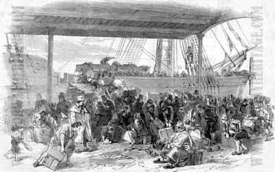 Passengers boarding a sailing ship at Waterloo Docks in Liverpool around 1850. The scene illustrates what embarkation at Norwegian ports would also have looked like during this period.