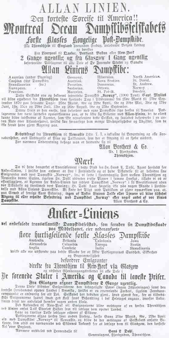 Allan Line and Anchor Line announcement in the newspaper "Trondhjems Adressecontors Efterretninger" March 1, 1870