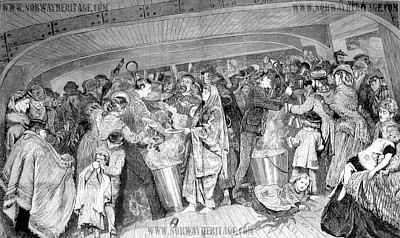 Feeding time between decks (steerage) in an emigrant ship 1873. This image was printed in "The Graphic", November 30, 1873.