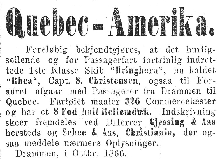 Advertisement for the 1867 sailing from Morgenbladet 27 November 1866
