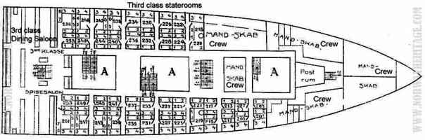 Bergensfjord (1) deck-plan – Deck-plan: Upper main deck, forward, showing 3rd class…