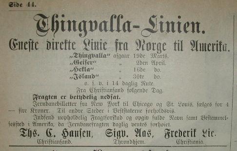 Thingvalla Line advertisement - VG 1885-03-14