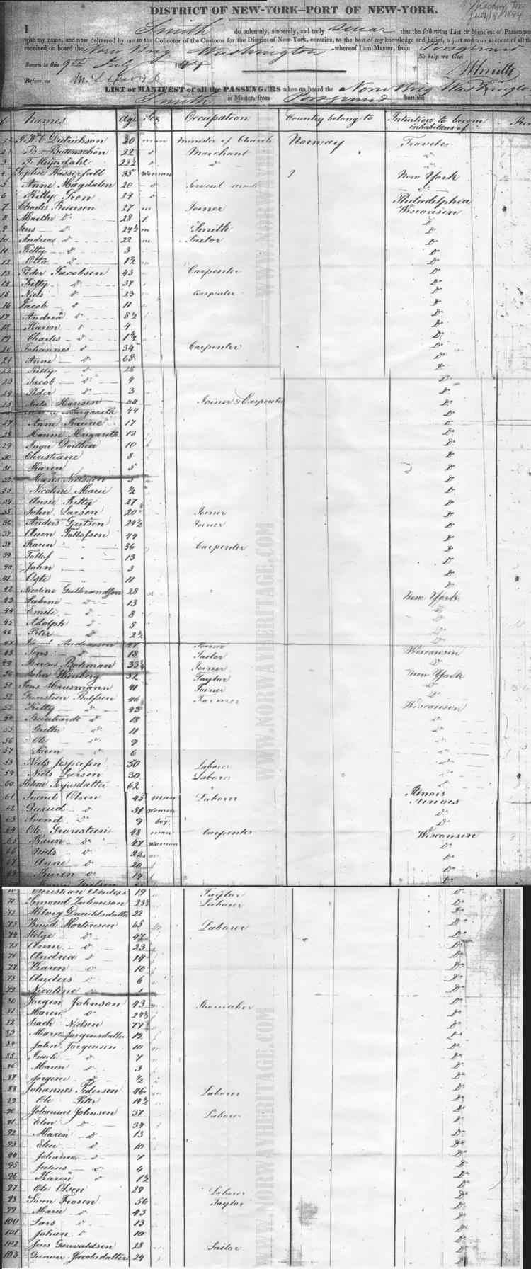 Passenger list brig Washington - 1844