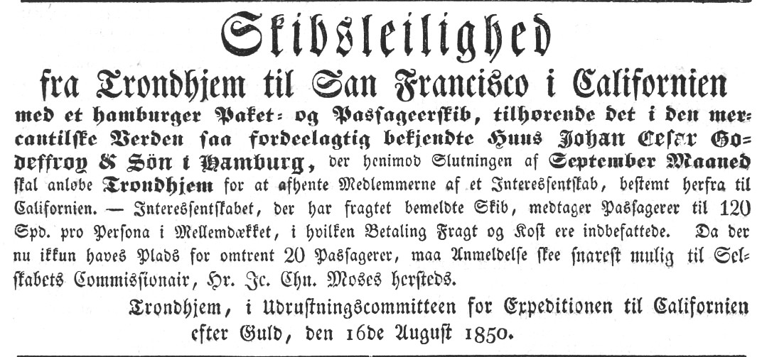 Newspaper announcement from Trondhjems borgerlige Realskoles alene-priviligerede Adressecontoirs-Efterretninger 1850.08.29