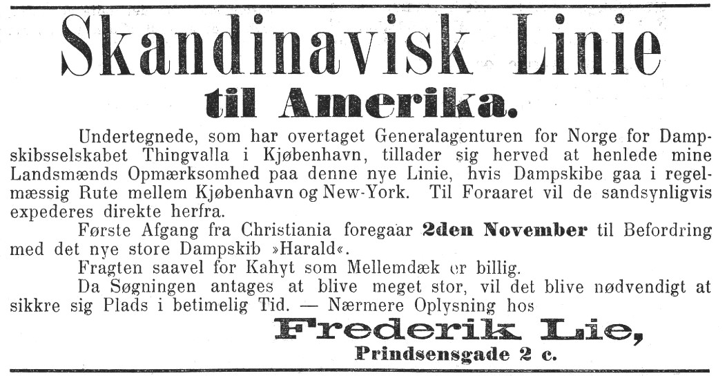 Newspaper announcemant for the new line printed in the norwegian newspaper Dagbladet Oct. 20, 1880