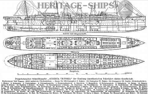 Hamburg America Line steamship Augusta Victoria, longitudinal sctional view and plans of the upper deck and main deck.