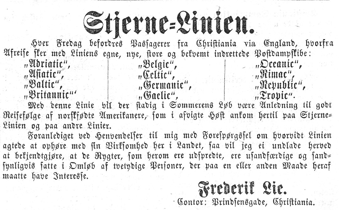 Norwegian advertisement for the White Star Line in the Norwegian newspaper VG, April 1873