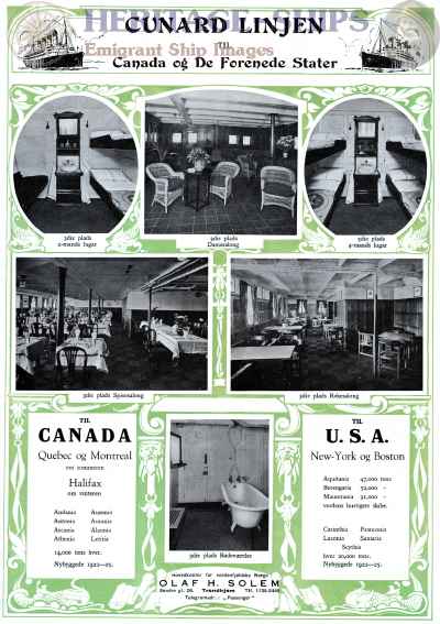 Cunard Line advertisement poster for third-class service to Canada and the United States. Canadian routes served Quebec and Montreal in summer and Halifax in winter. U.S. routes served New York and Boston aboard ships including Aquitania, Berengaria and Mauretania. The poster shows third-class cabins, dining and smoking saloons, ladies' saloon and bathroom. Text in Norwegian, issued by general agent Olaf H. Solem, Trondhjem.