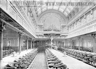 St Louis - St Paul – First cabin dining saloon, looking forward, on the American…