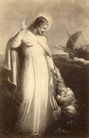 Christ Rescuing a Drowning Sailor. This religious image depicts Jesus Christ reaching down to rescue a drowning sailor from the stormy sea, while a sailing ship struggles in the heavy waves behind them. During the 19th century, prints of this kind were popular among seafarers and their families, serving as expressions of Christian faith and trust in divine protection.  For sailors facing the dangers of long ocean voyages, such images offered spiritual comfort and reassurance. 