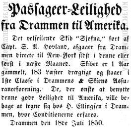 From Drammen to Quebec on the Sjofna in 1852.