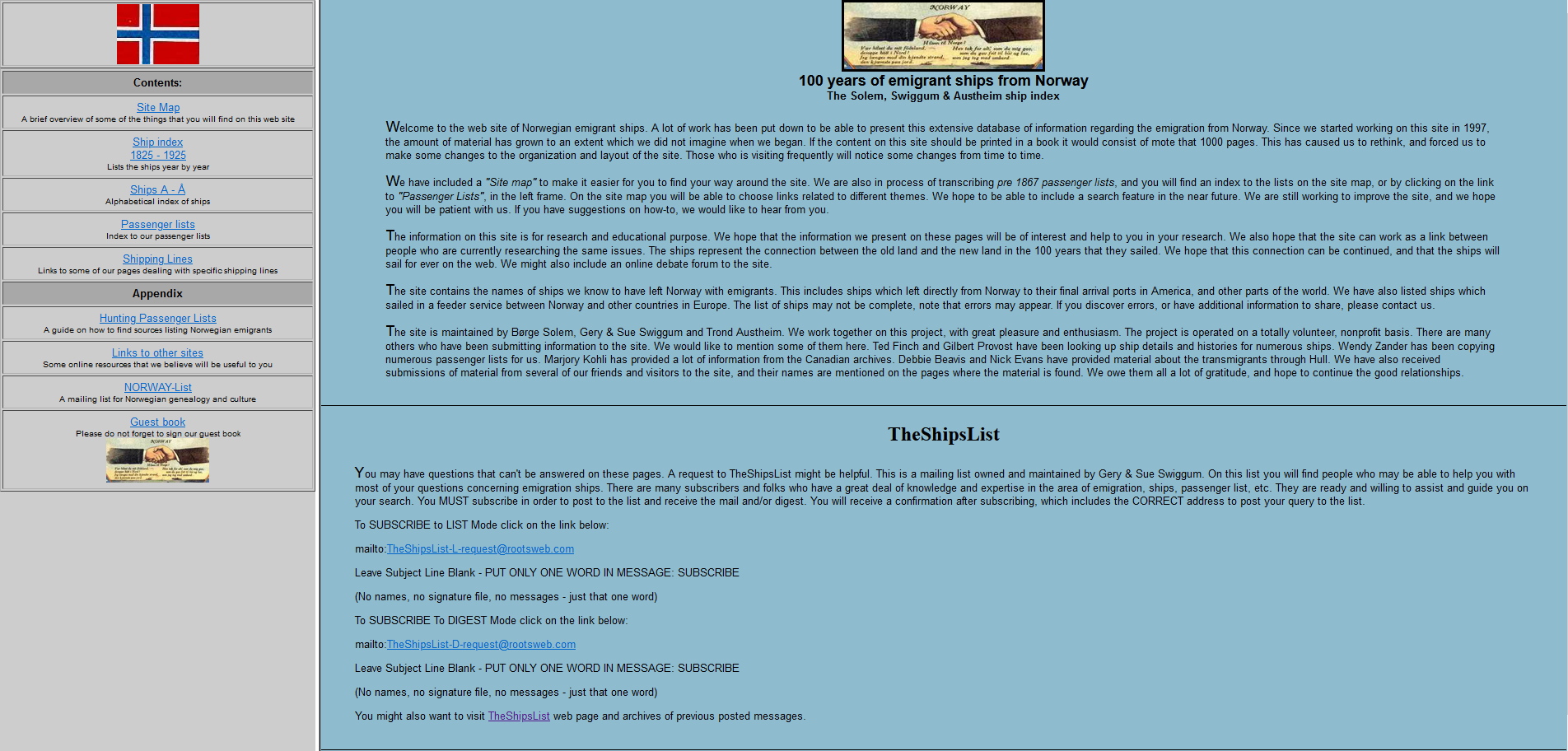 A screenshot of the 1999 version of 100 Years of Emigrant Ships from Norway: The Solem, Swiggum & Austheim Ship Index (SS&A). Click to enlarge.