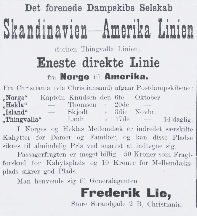 Advertisement for the newly established Scandinavian America Line, published in the Norwegian newspaper Politiken on October 1, 1898.