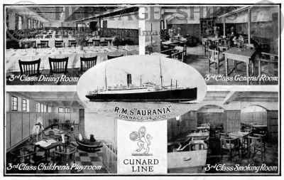 Aurania (3), Cunard Line steamship - 3rd Class Dining Room, 3rd Class General Room, 3rd Class Children's Playroom and 3rd Class Smoking Room.