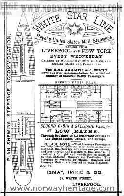 White Star Line advertising card showing second cabin plan and steerage accommodation on the early White Star Line steamers Adriatic and Celtic.