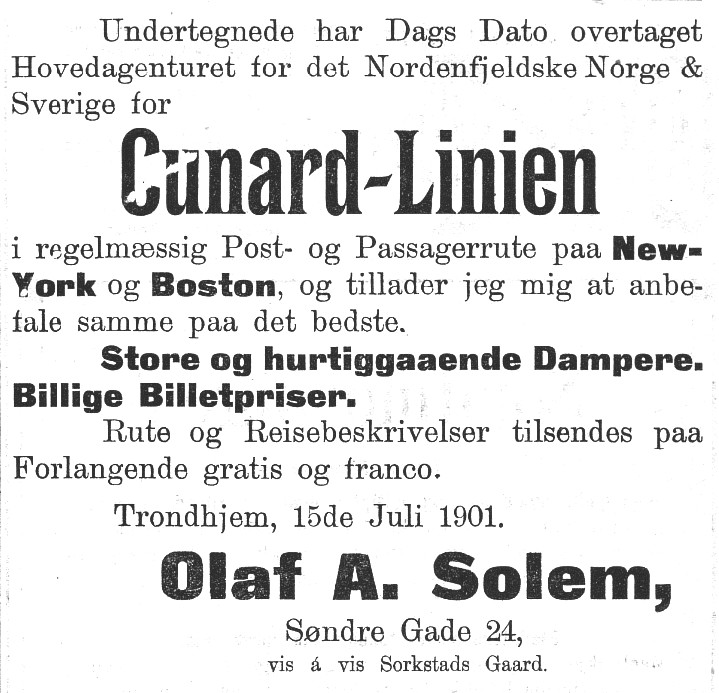 A 1901 newspaper announcement marking Børge's great-grandfather Olaf's entry into the emigration agency business.