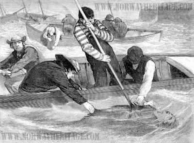 Fishermen in their boats recovering the bodies of drowned passengers from the S/S Atlantic