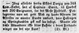 Newspaper concerning the conveyance of emigrants on the Norwegian ship Danzig in 1861