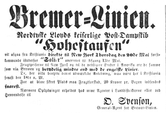 Announcemtn in the Norwegian newspaper Kongsberg Adresse, May 1st 1880