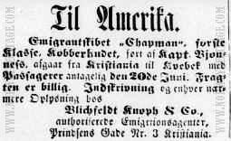 Newspaper announcement concerning the Norwegian emigrant ship Chapman