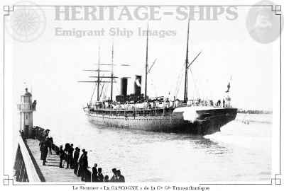 French Line (C.G.T.) steamship La Gascogne - this image shows her with 4 masts as she appeared before the rebuild in 1894