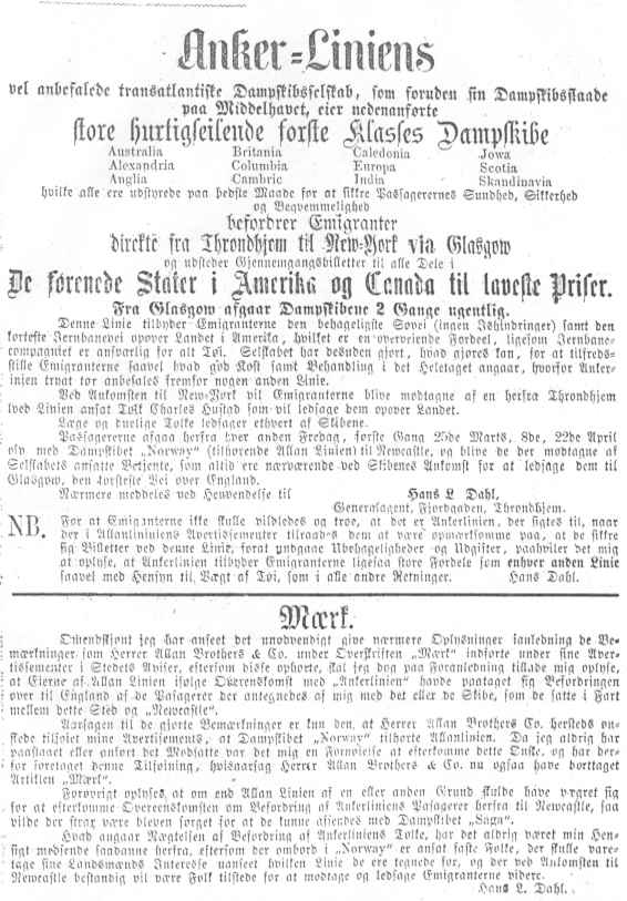 Anchor Line newspaper notice 1870