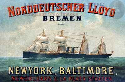 Norddeutscher Lloyd advertising card. “Norddeutscher Lloyd – Bremen nach New York, Baltimore, New Orleans & La Plata Staaten.” The ship depicted in the advertisement appears to be a Werra-class steamer, a class of ships introduced in the early 1880s.