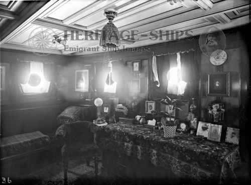 This photograph shows the interior of the captain's cabin on the Cunard Line steamship Lucania.